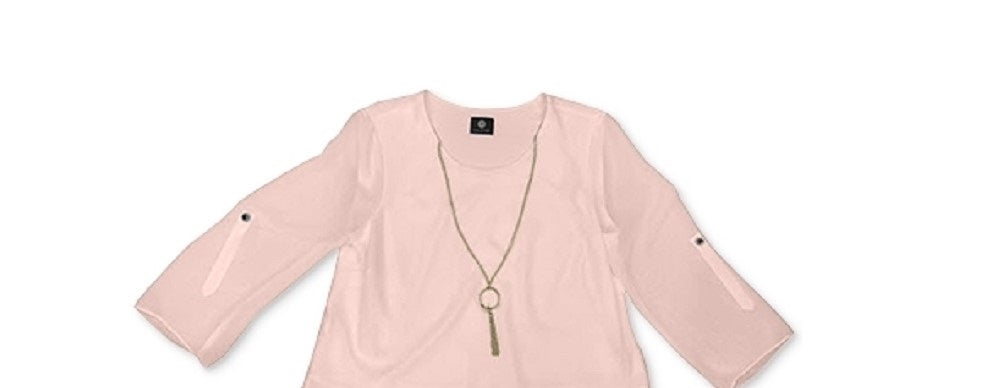 JM Collection Blusa feminina com mangas dobradas e colar rosa tamanho grande