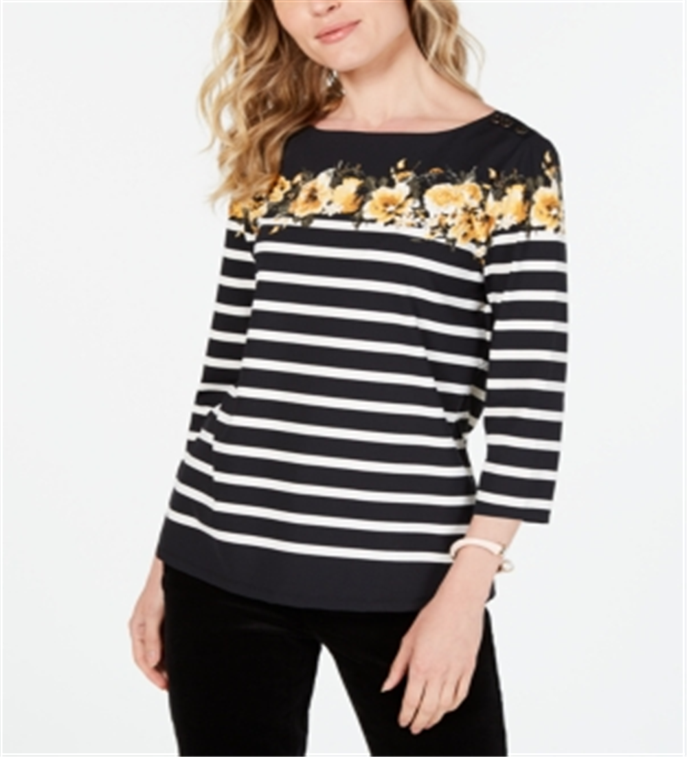 Blusa feminina listrada com estampa floral Charter Club, preta e amarela, tamanho pequeno G