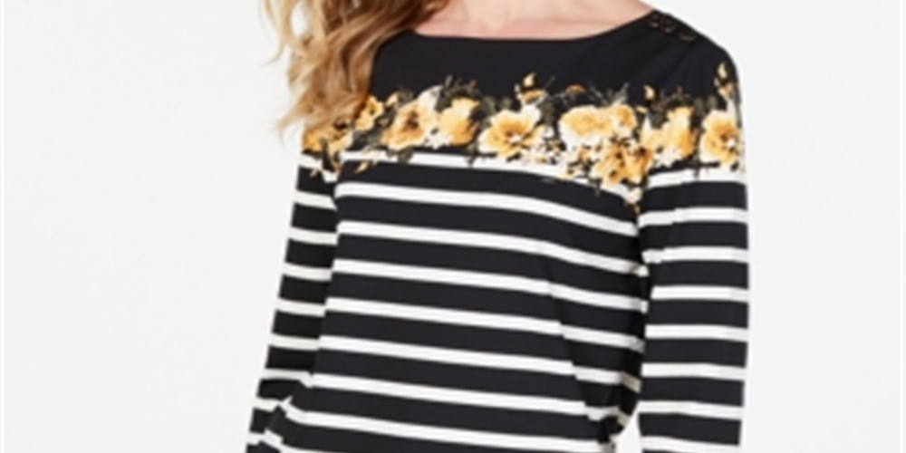 Blusa feminina listrada com estampa floral Charter Club, preta e amarela, tamanho pequeno G