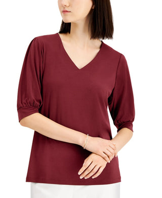 JM Collection Blusa feminina com manga bufante e decote em V, vinho, tamanho pequeno