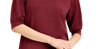 JM Collection Blusa feminina com manga bufante e decote em V, vinho, tamanho pequeno