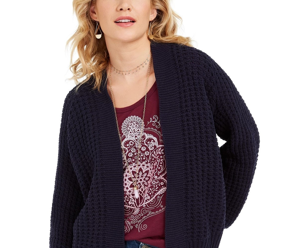 Cardigan feminino estilo &amp; co, tricô grosso, aberto na frente, azul-marinho, tamanho grande