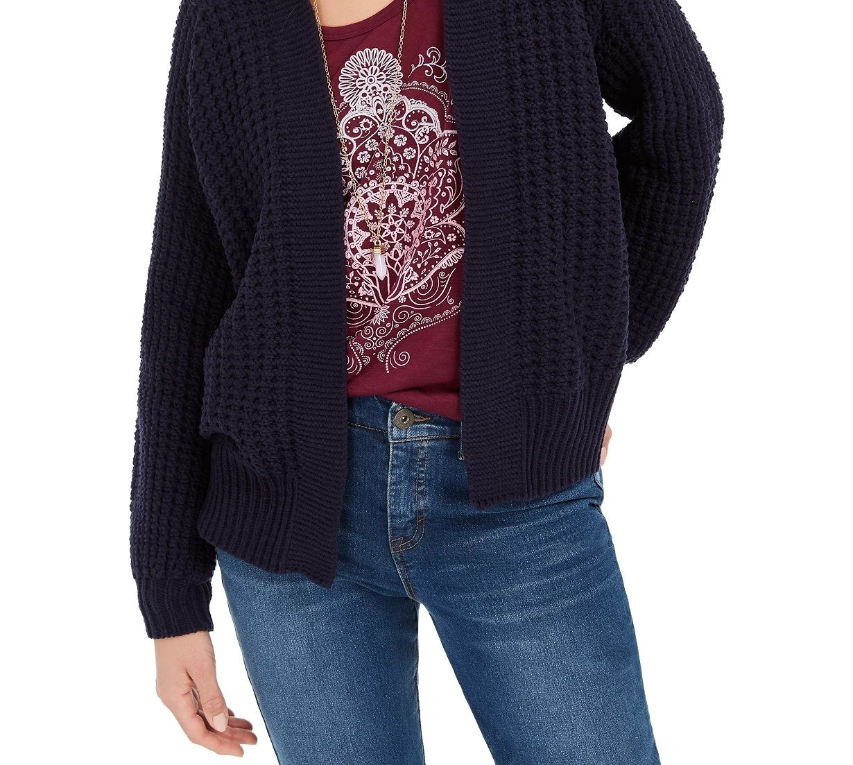 Cardigan feminino estilo &amp; co, tricô grosso, aberto na frente, azul-marinho, tamanho grande