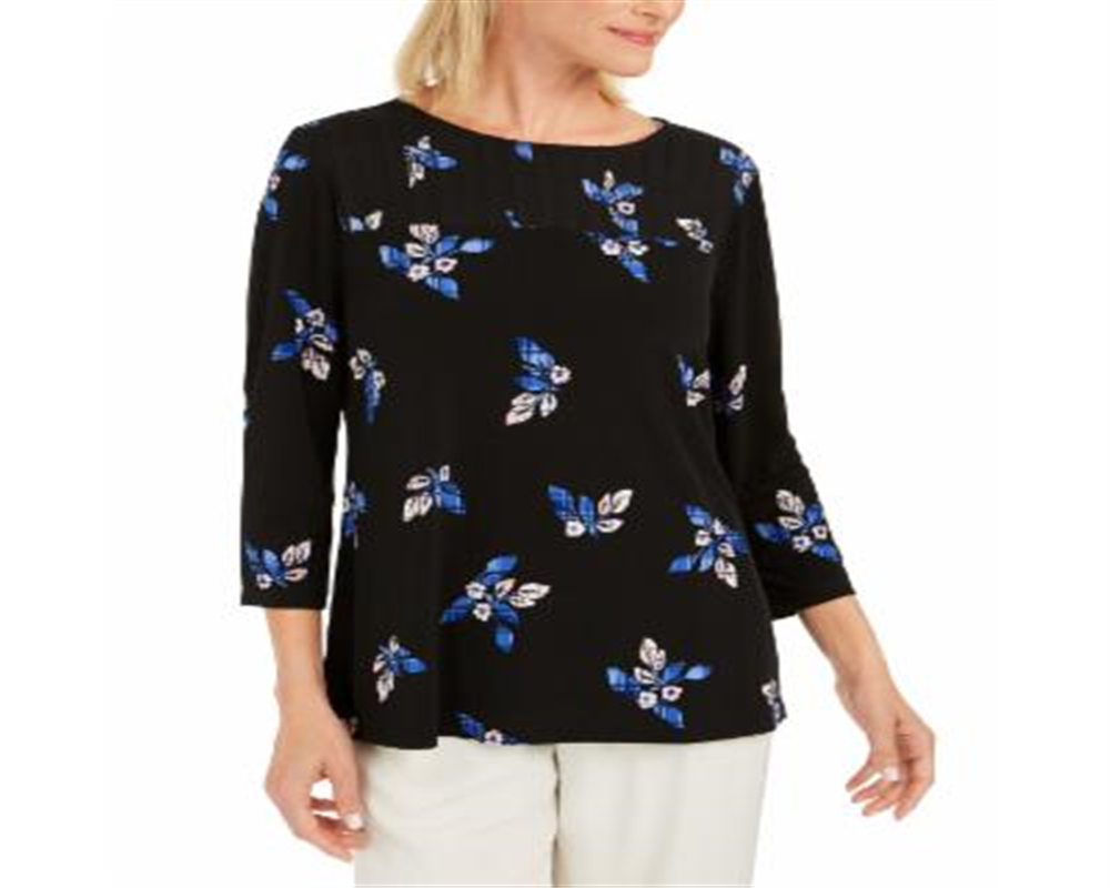 Top feminino com pregas florais Charter Club, preto, tamanho pequeno grande