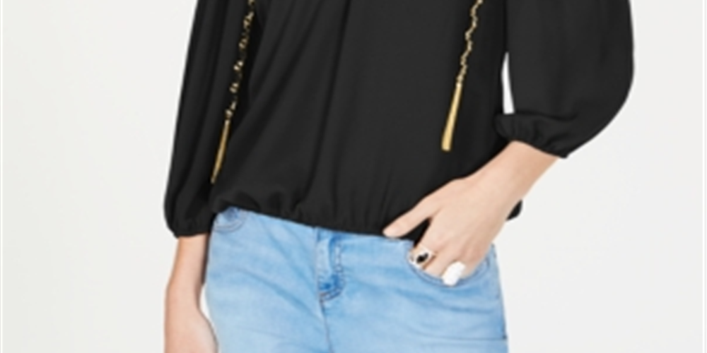 Blusa feminina com franjas e ombros descobertos, preta, tamanho pequeno P, da INC International Concepts