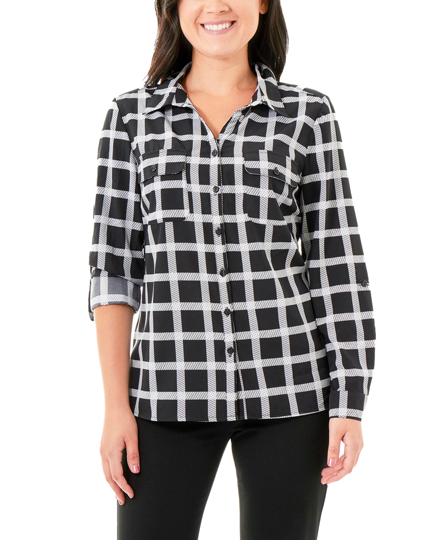 Blusa feminina estampada com mangas bufantes e aba dobrada, tamanho médio, preta, da coleção NY