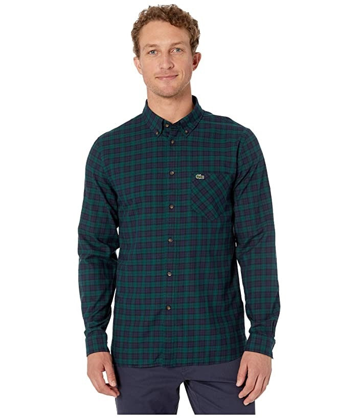 Camisa xadrez de algodão masculina Lacoste Regular Fit Azul Tamanho 38