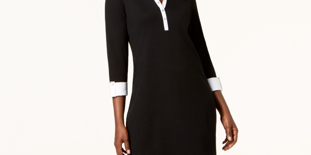 Vestido-camisa de algodão com acabamento contrastante Karen Scott feminino, preto, tamanho pequeno e pequeno