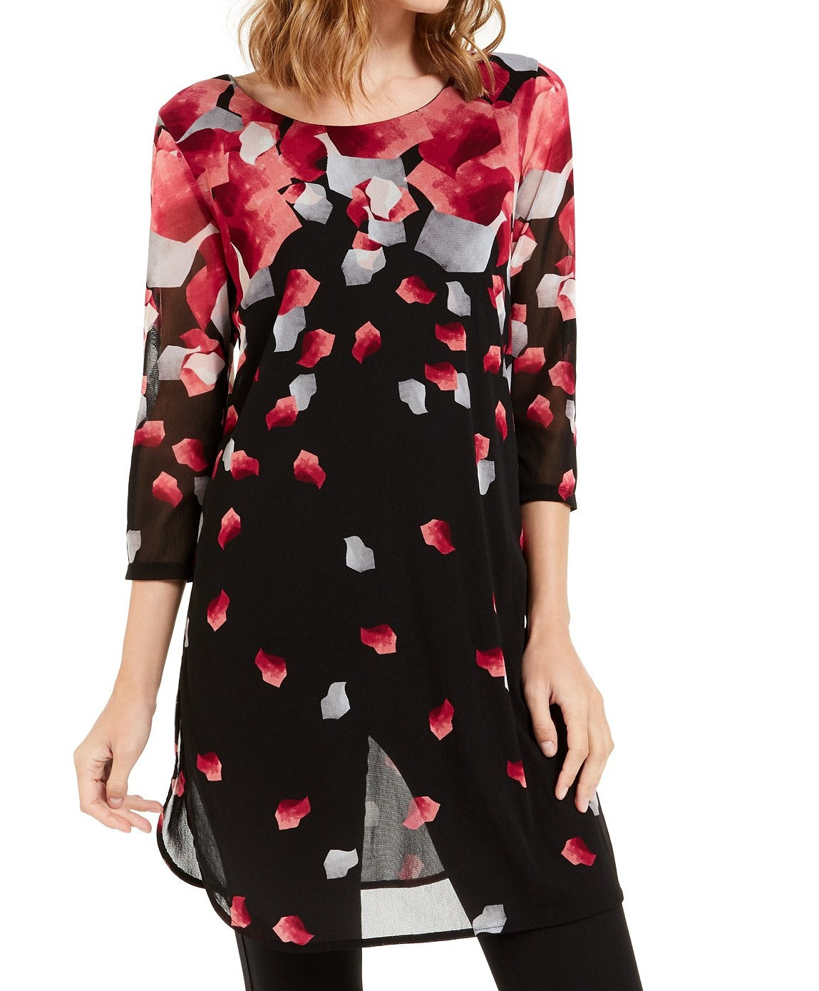 Túnica feminina Alfani estampada com manga 3/4 rosa e preta, tamanho pequeno P