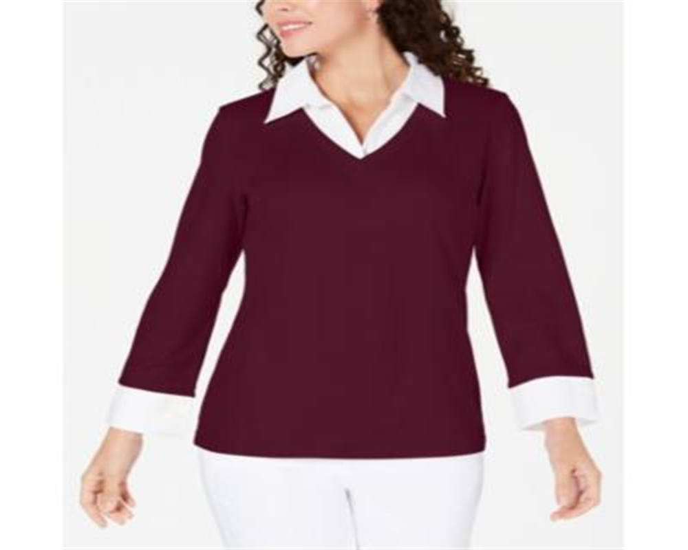 Blusa feminina Karen Scott de algodão com estampa em camadas, tamanho Merlot, pequena, P/M