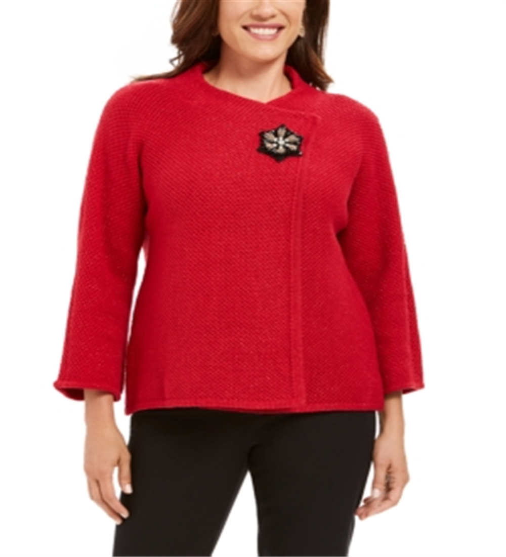 Blazer feminino com broche frontal cruzado JM Collection, vermelho, tamanho pequeno G