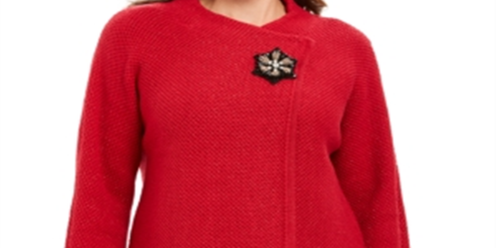 Blazer feminino com broche frontal cruzado JM Collection, vermelho, tamanho pequeno G