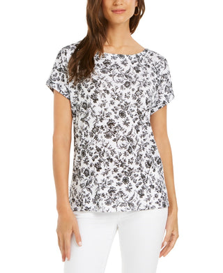 Charter Club Women's Linen Floral Print Boat Neck Top  Black Size Large