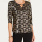 JM Collection Blusa feminina estampada com manga 3/4 e decote em V, preta, tamanho pequeno