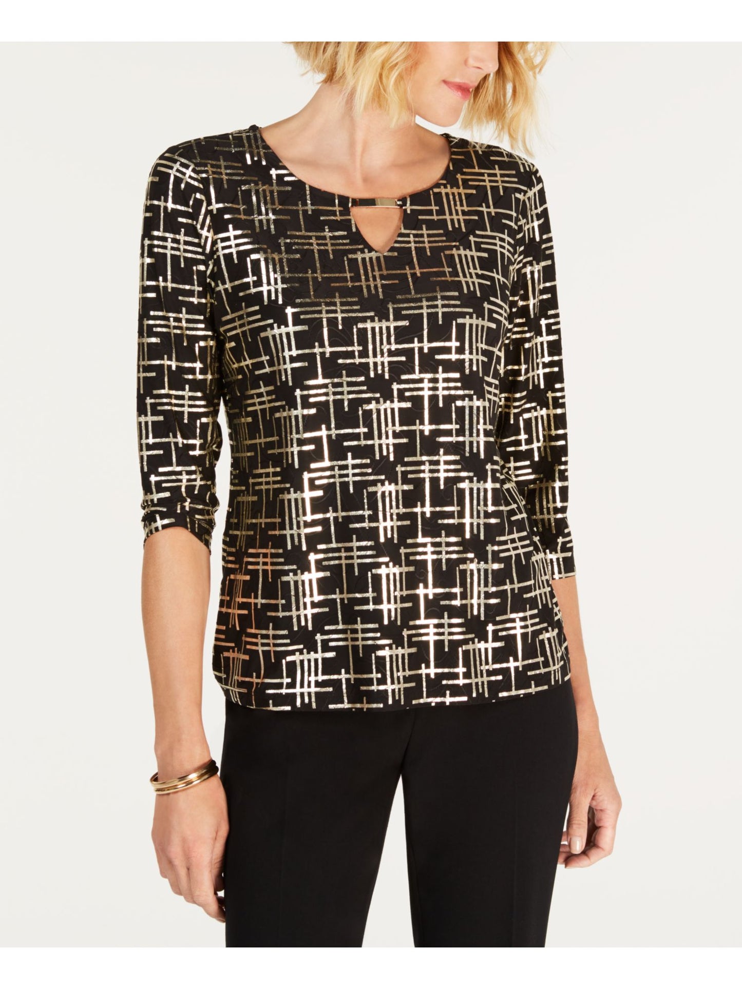 JM Collection Blusa feminina estampada com manga 3/4 e decote em V, preta, tamanho pequeno