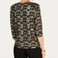 JM Collection Blusa feminina estampada com manga 3/4 e decote em V, preta, tamanho pequeno