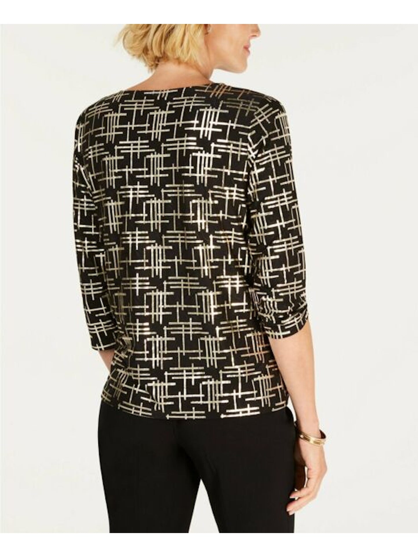 JM Collection Blusa feminina estampada com manga 3/4 e decote em V, preta, tamanho pequeno