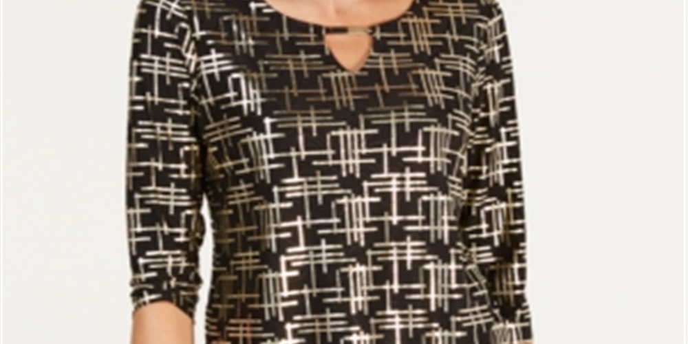 JM Collection Blusa feminina estampada com manga 3/4 e decote em V, preta, tamanho pequeno