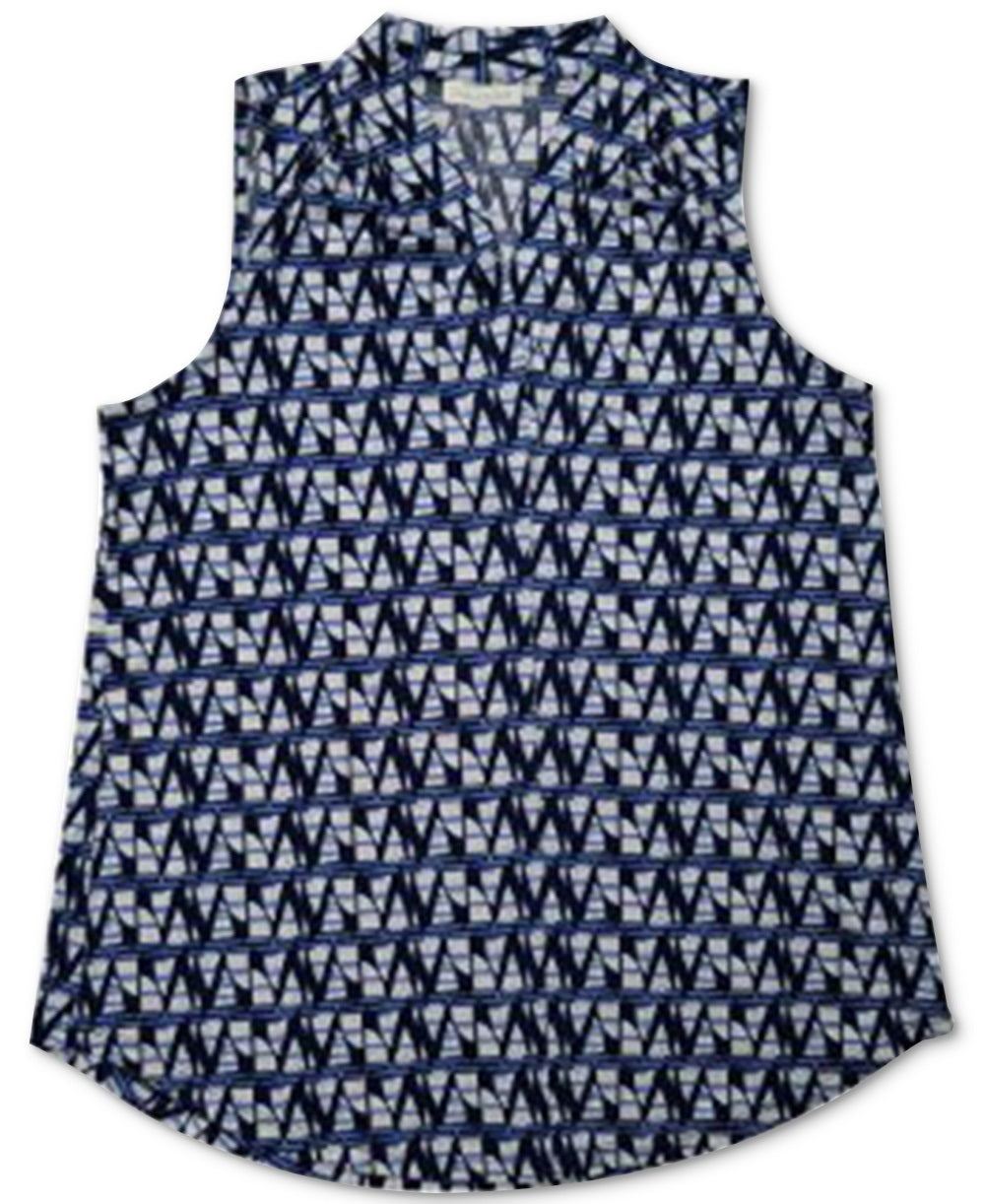 Top feminino estampado com decote em V, azul, tamanho médio