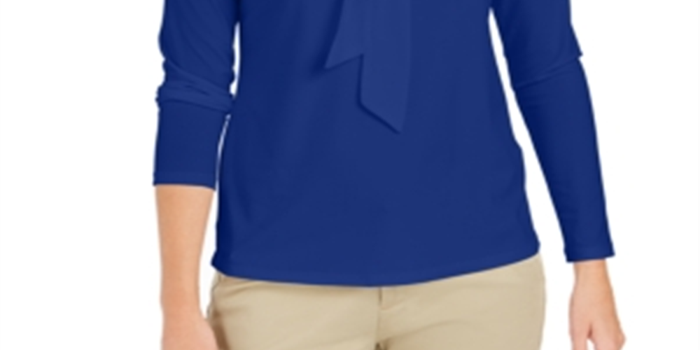 Charter Club Blusa de crepe feminina com gola amarrada, azul, tamanho pequeno e pequeno