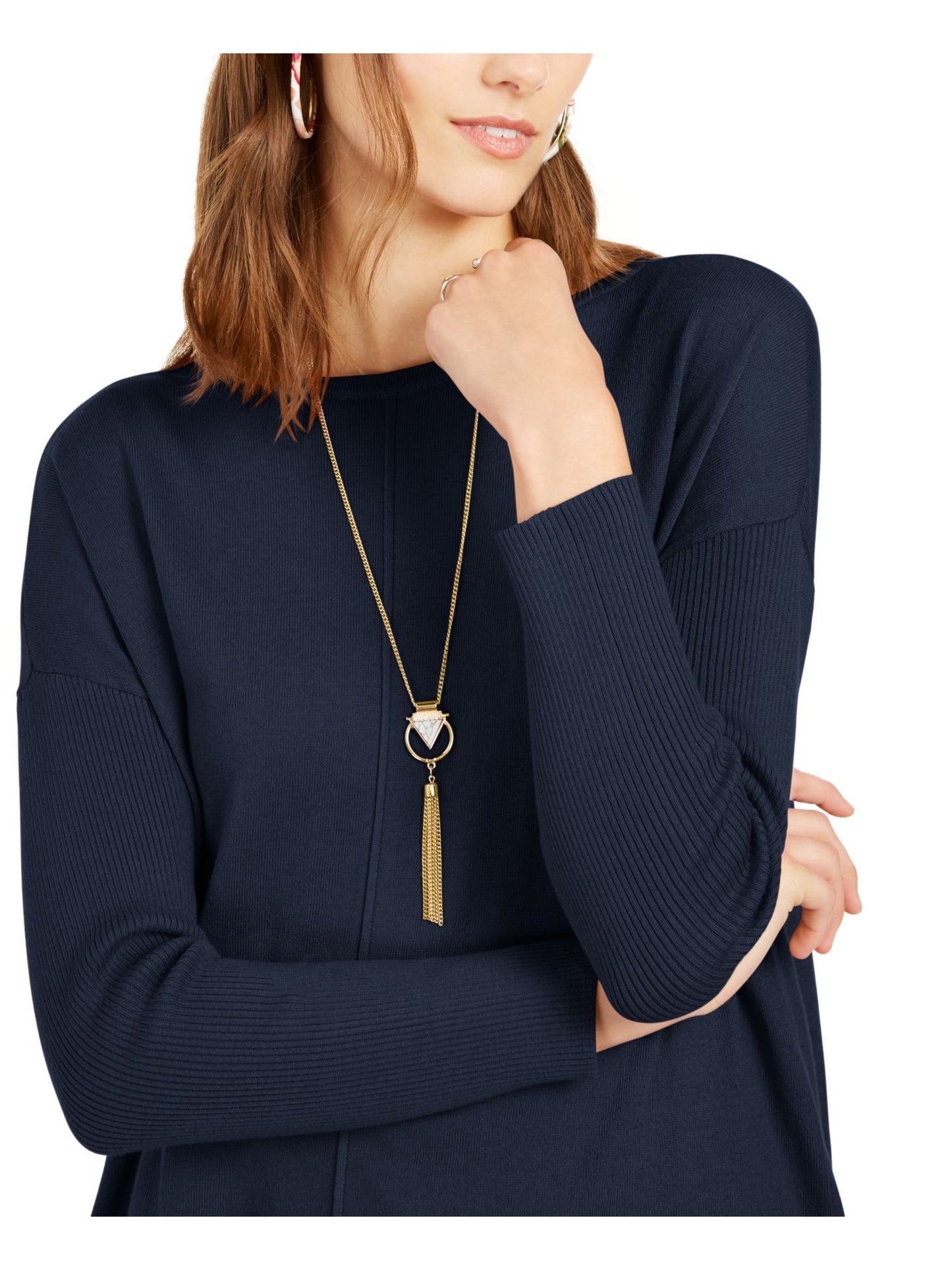 Suéter túnica feminino estilo &amp; co com costura frontal, manga comprida, gola canoa, azul, tamanho pequeno, extragrande