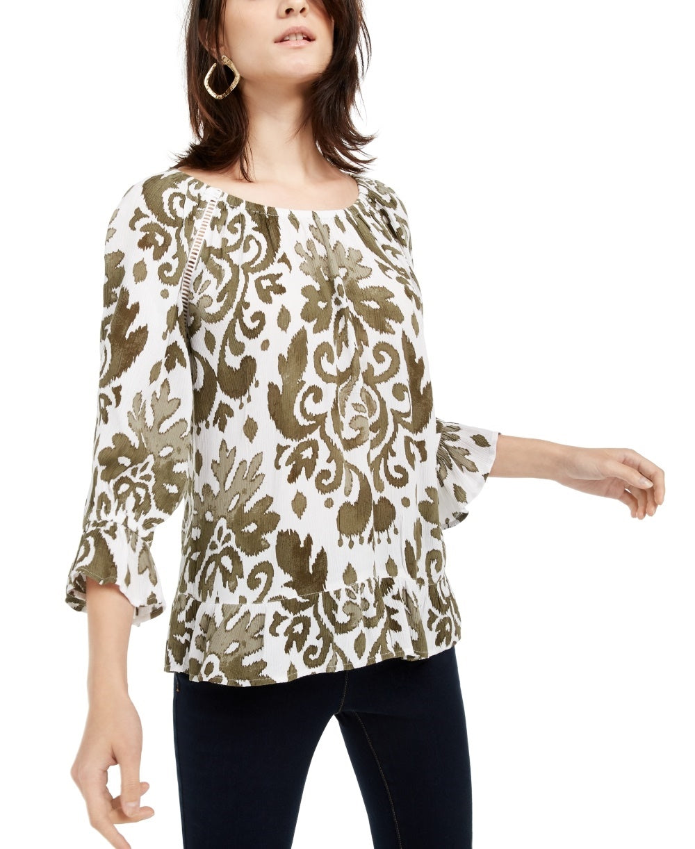 Blusa feminina estampada estilo camponês, INC International Concepts, marrom brilhante, tamanho pequeno