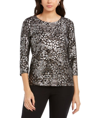 JM Collection Top feminino estampado com bolinhas em gel e manga 3/4, preto e prateado, tamanho pequeno G