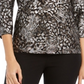 JM Collection Top feminino estampado com bolinhas em gel e manga 3/4, preto e prateado, tamanho pequeno G