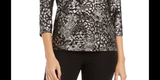 JM Collection Top feminino estampado com bolinhas em gel e manga 3/4, preto e prateado, tamanho pequeno G