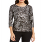 JM Collection Top feminino estampado com bolinhas em gel e manga 3/4, preto e prateado, tamanho pequeno G
