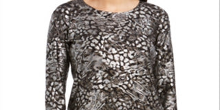 JM Collection Top feminino estampado com bolinhas em gel e manga 3/4, preto e prateado, tamanho pequeno G