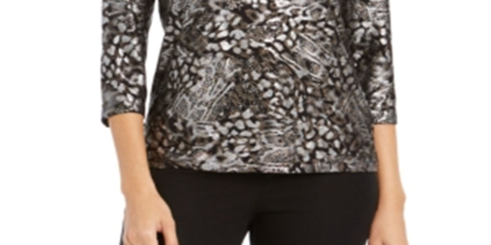 JM Collection Top feminino estampado com bolinhas em gel e manga 3/4, preto e prateado, tamanho pequeno G