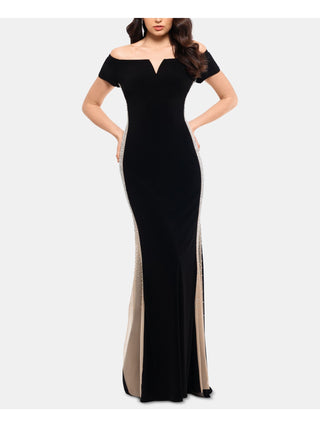 Xscape Women's Embellished Zippered Short Sleeve Off Shoulder Full Length Sheath Formal Dress Black Size 8 Petite