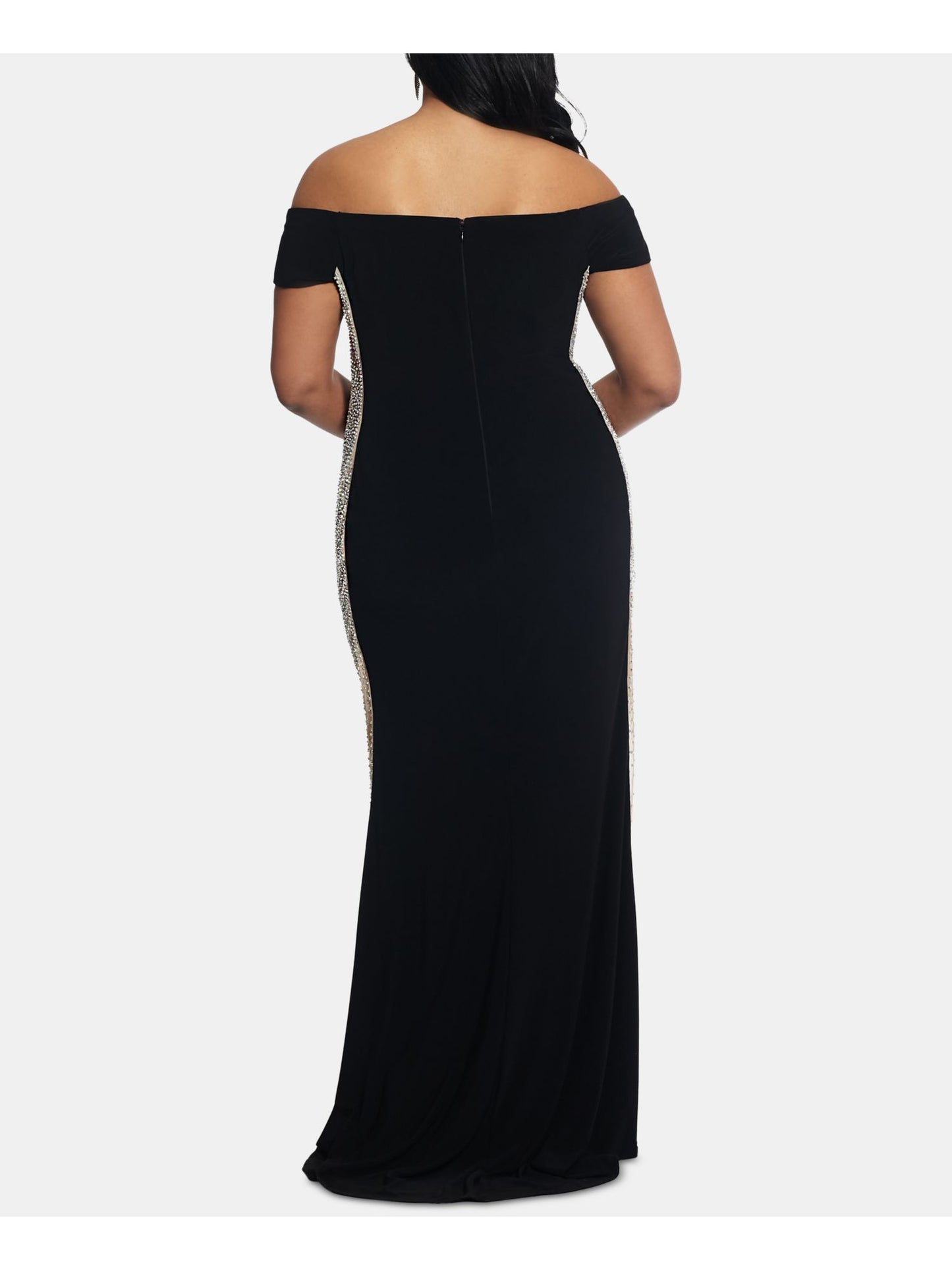 Vestido formal feminino Xscape com zíper, manga curta, ombro de fora, comprimento total, preto, tamanho 8 pequeno