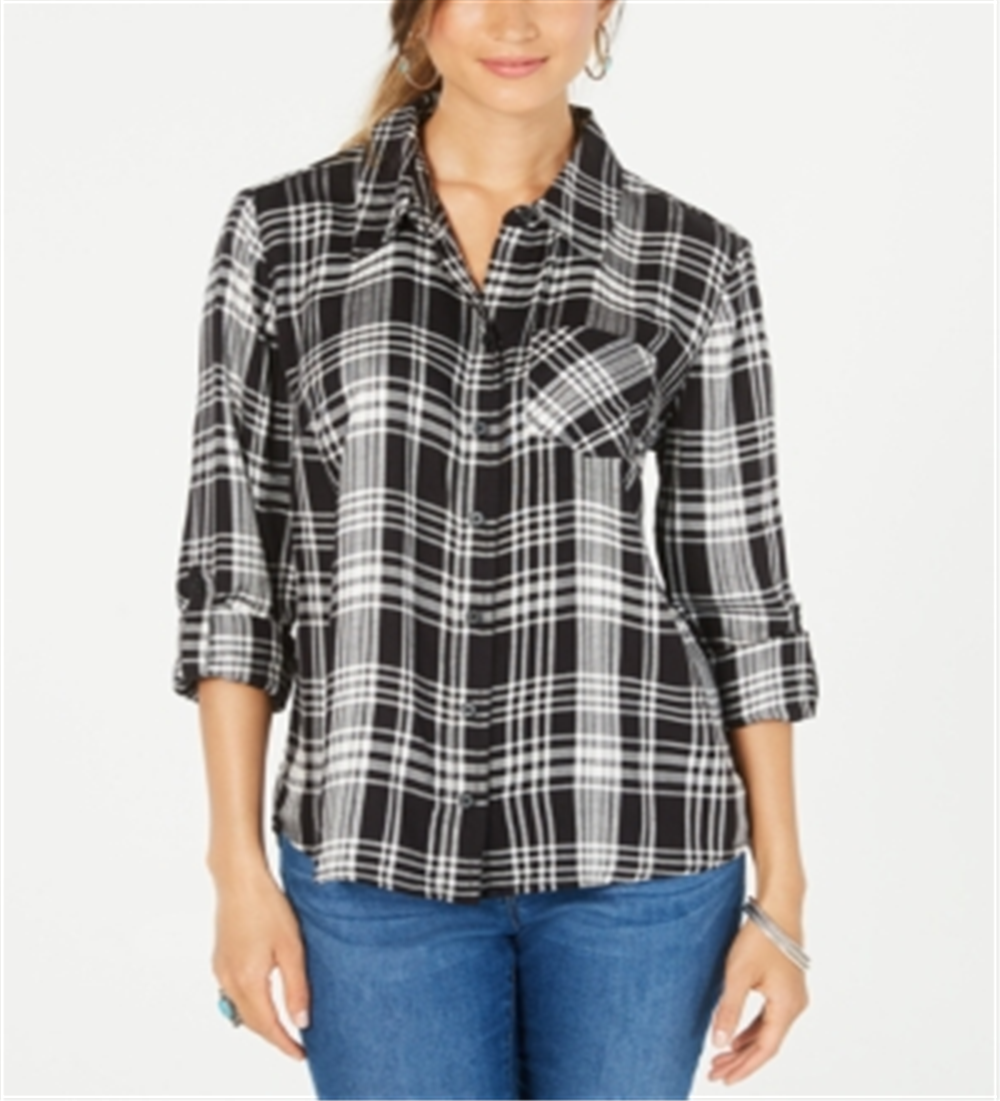 Camisa xadrez feminina estilo &amp; co com botões, preta, tamanho pequeno P