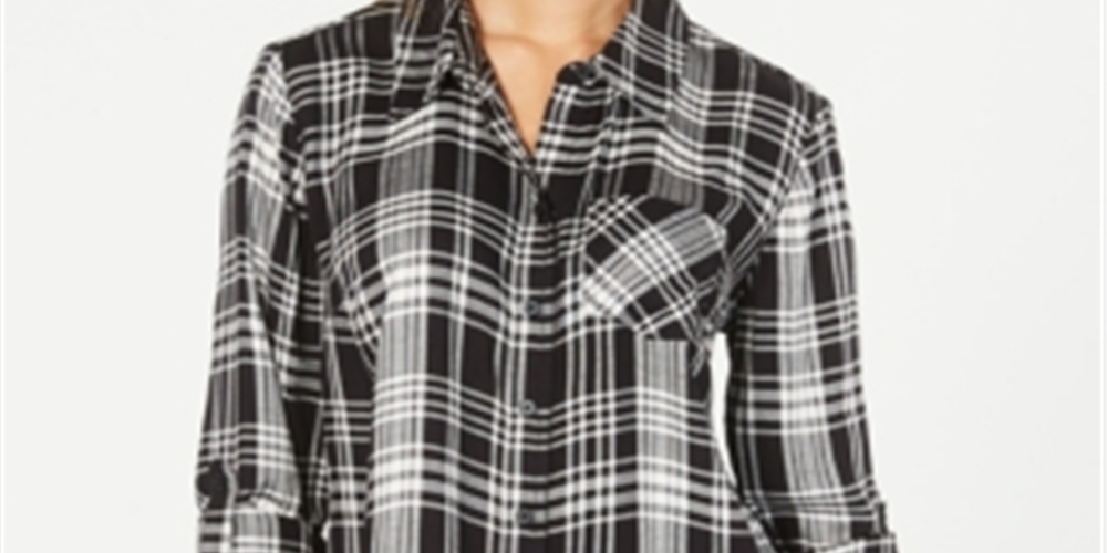 Camisa xadrez feminina estilo &amp; co com botões, preta, tamanho pequeno P