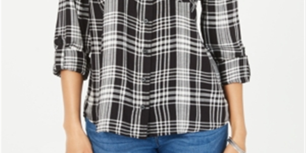 Camisa xadrez feminina estilo &amp; co com botões, preta, tamanho pequeno P