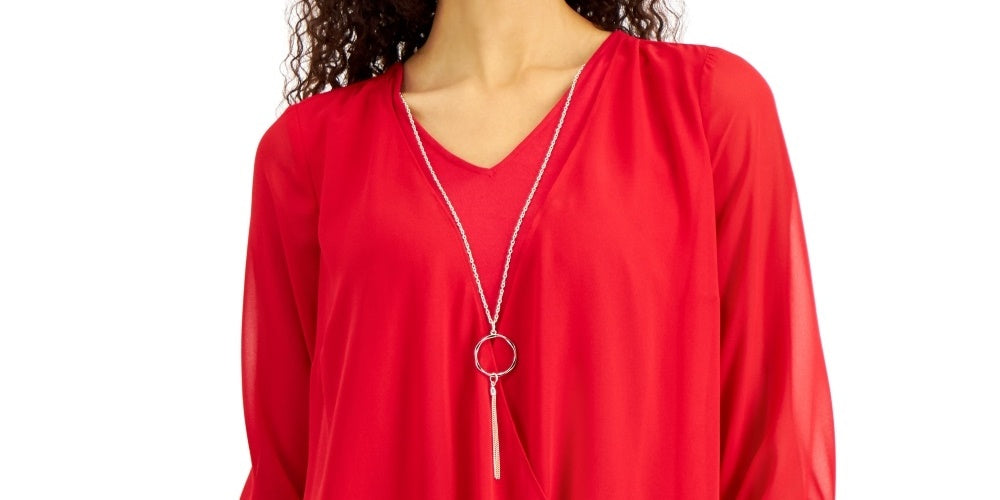 JM Collection Blusa feminina com manga três quartos e colar vermelho tamanho XX-G