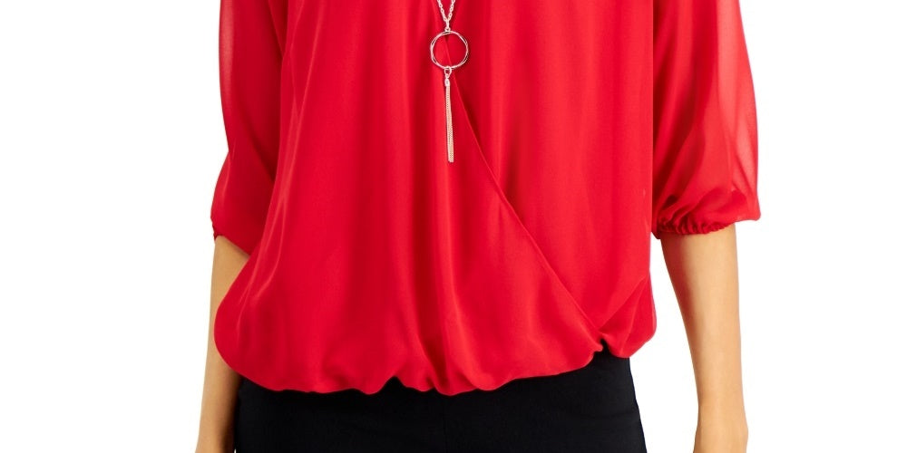 JM Collection Blusa feminina com manga três quartos e colar vermelho tamanho XX-G