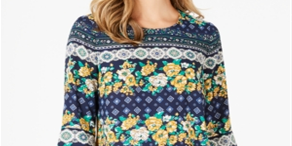 Top estampado feminino Charter Club com manga 3/4, azul marinho, tamanho pequeno GG