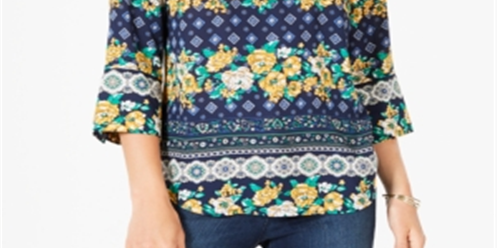 Top estampado feminino Charter Club com manga 3/4, azul marinho, tamanho pequeno GG