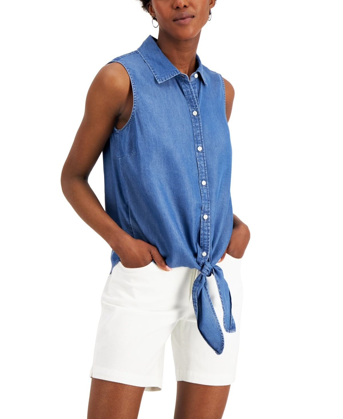Camisa feminina Charter Club de algodão sem mangas com amarração na bainha, azul, tamanho 8