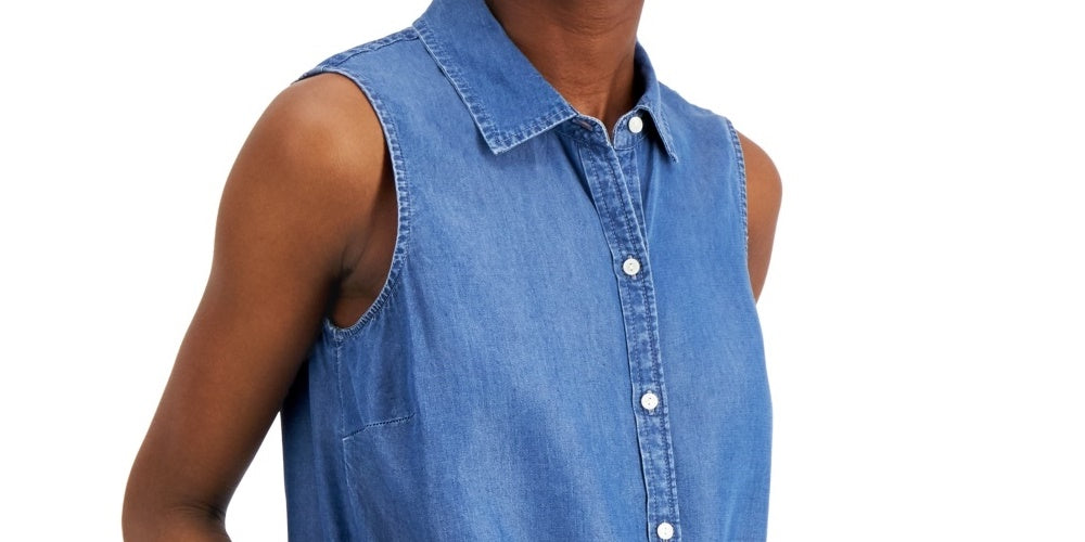 Camisa feminina Charter Club de algodão sem mangas com amarração na bainha, azul, tamanho 8