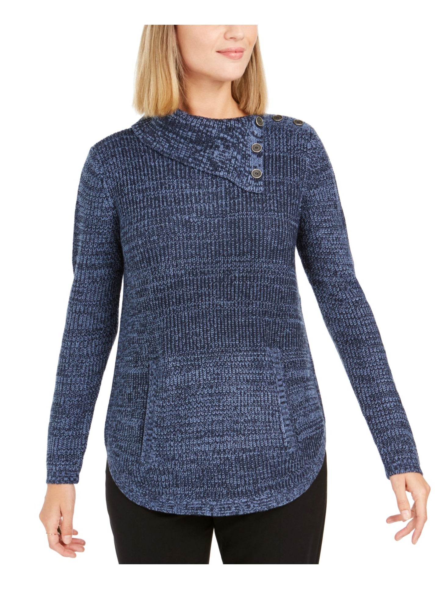 Suéter feminino estilo &amp; co com bainha curva e manga comprida, gola alta, azul, tamanho pequeno médio