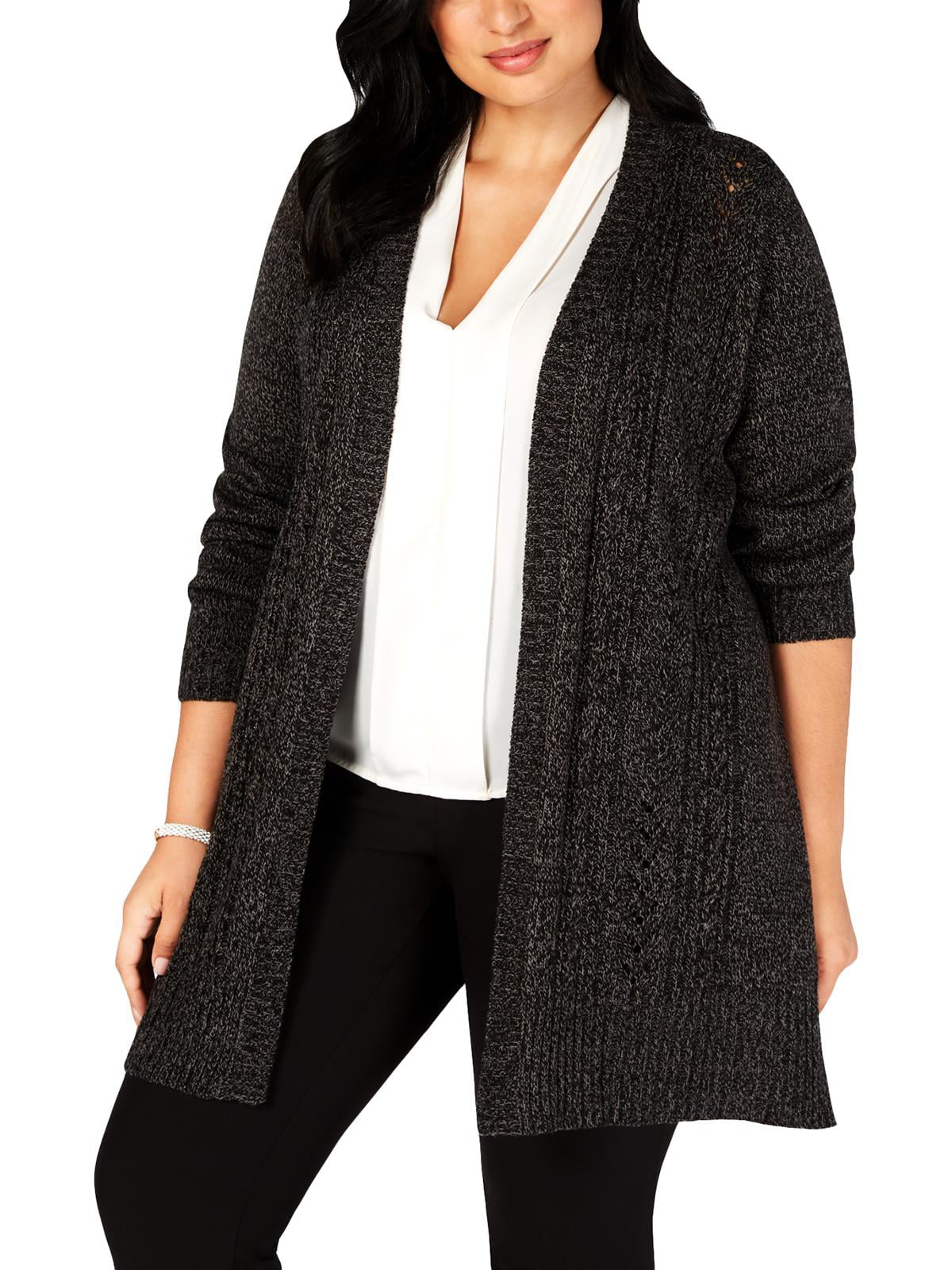 Karen Scott Cardigan Feminino Plus Marled Frente Aberta Preto Cinza Tamanho 3X