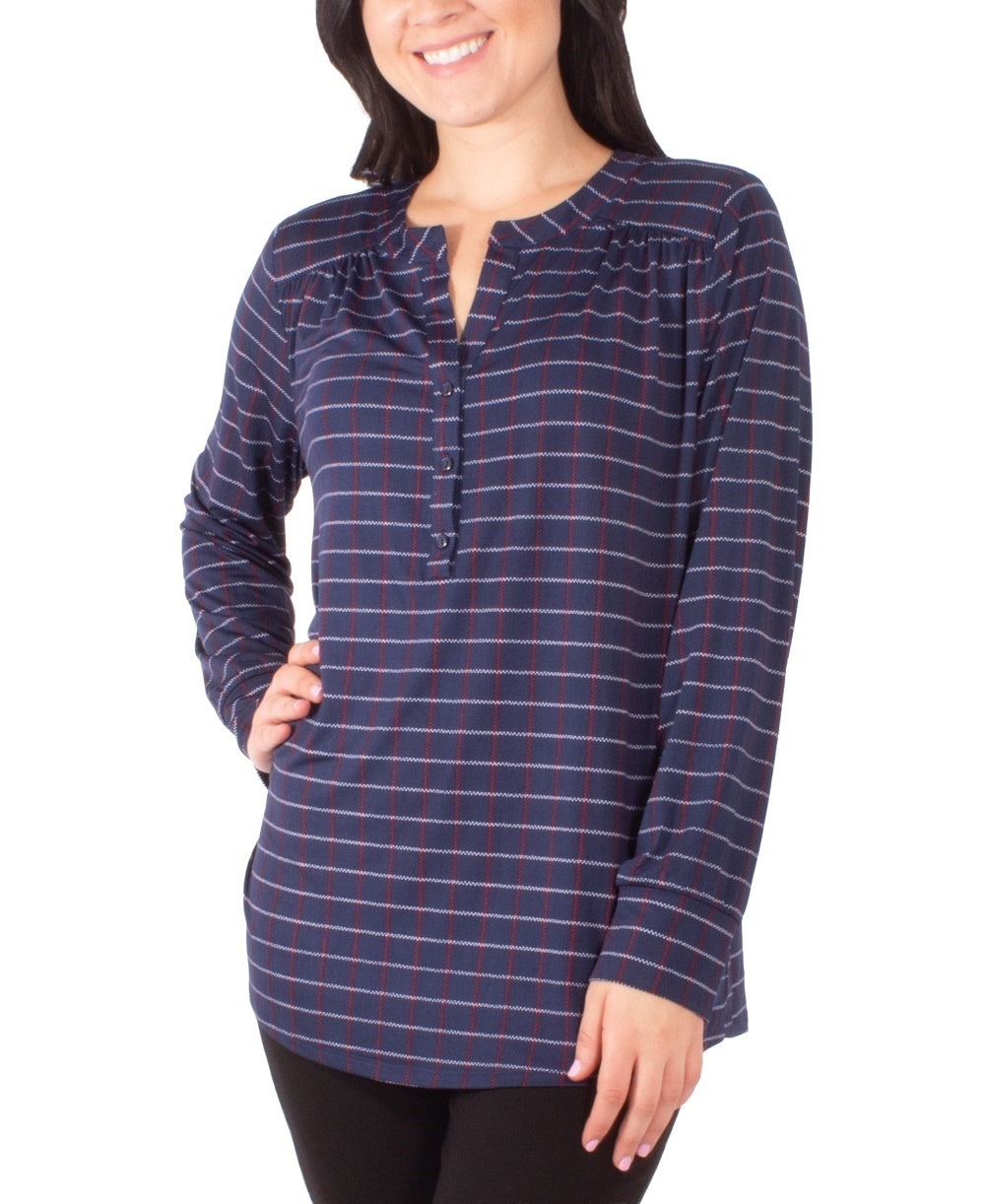 Top Henley estampado feminino Petite Collection NY, azul marinho, tamanho médio