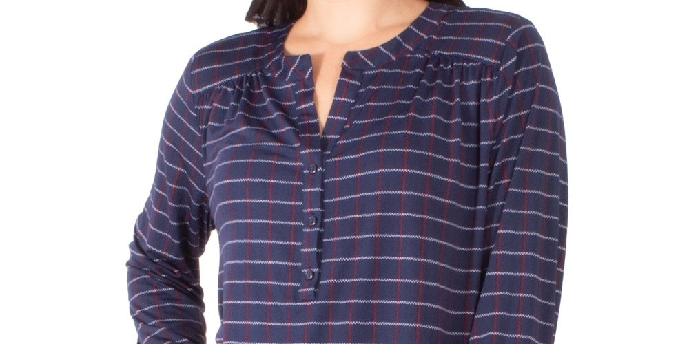 Top Henley estampado feminino Petite Collection NY, azul marinho, tamanho médio
