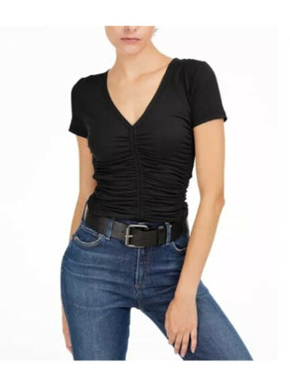 Blusa feminina Bar III com decote em V profundo e franzido, preta, tamanho X-S