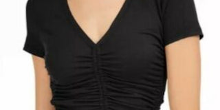 Blusa feminina Bar III com decote em V profundo e franzido, preta, tamanho X-S