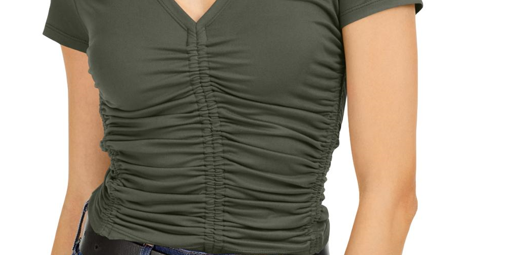 Camiseta feminina de malha franzida Bar III - Verde, tamanho P